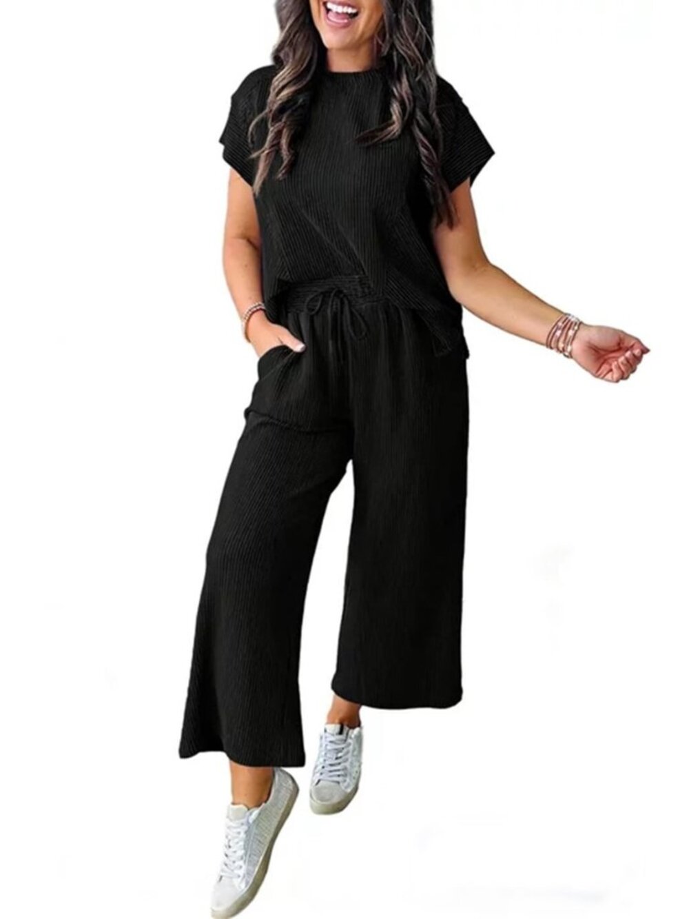 2 Piece Sets For Women Ribbed Knit Loose Short Sleeve Tops and Wide Leg Pants